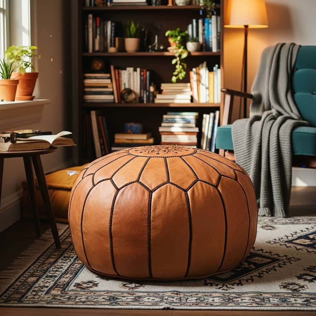 Tan leather round ottoman showing the 21-inch round profile