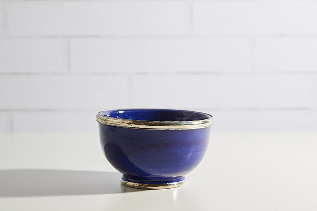 Moroccan Glazed Ceramic Bowl with Berber Silver Trim