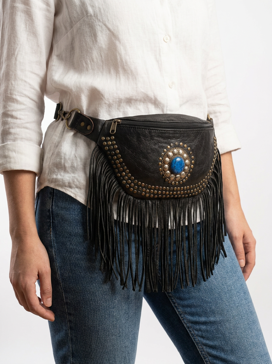 Boho Leather Fringe Belt Bag – Vintage Studded Waist Pack & Crossbody Festival Bag