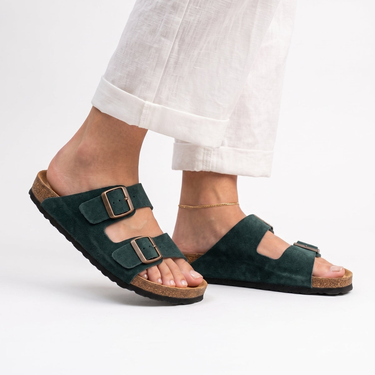 Premium Cork Sole Sandals - Forest Green Suede