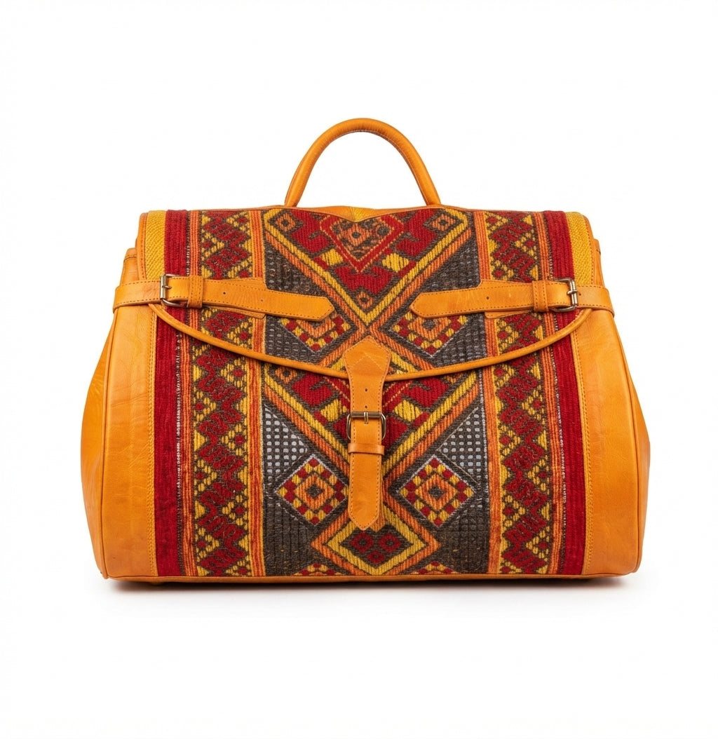 Handmade Moroccan Kilim Leather Weekender Bag – Large Travel Duffel