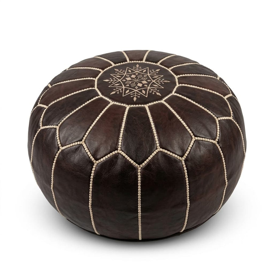 Dark brown Moroccan round leather pouf with hand-embroidered beige eight-pointed star on the top panel, on a plain white background