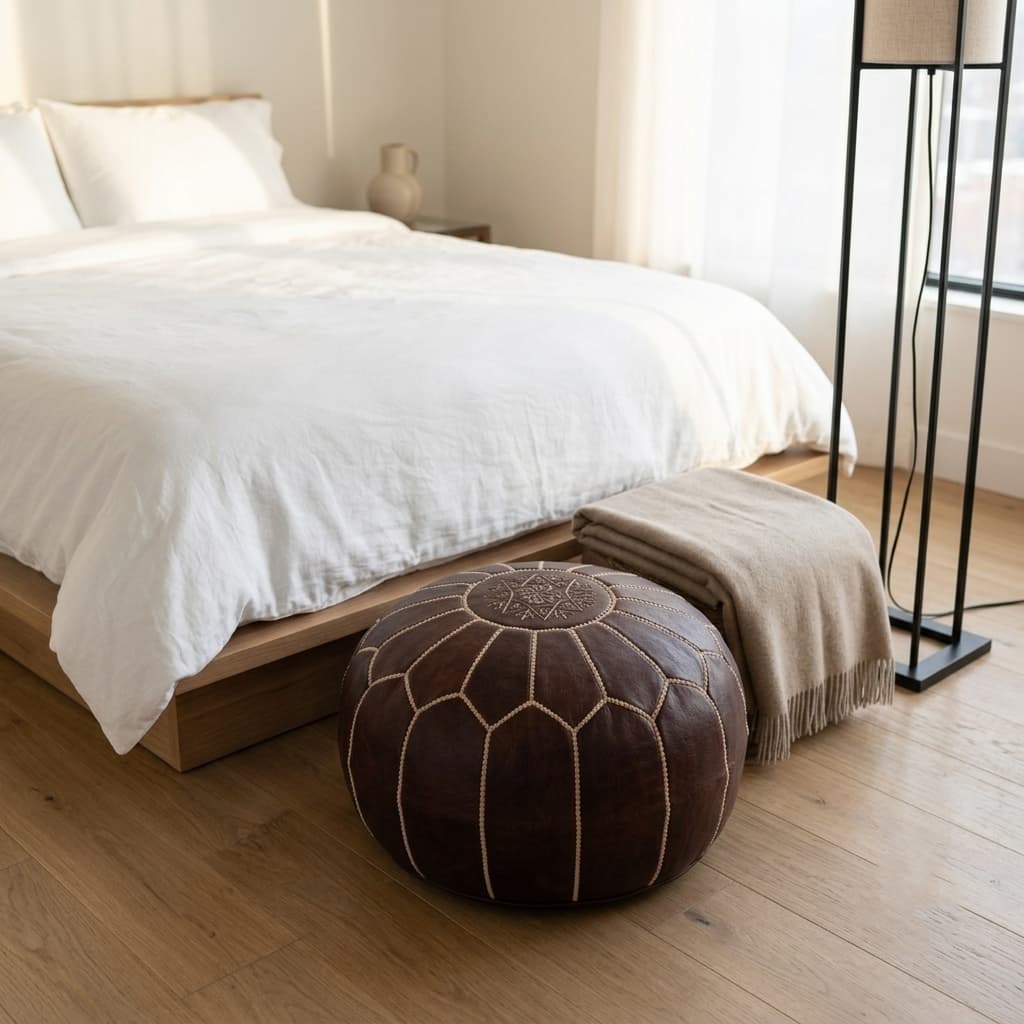 Dark brown leather pouf at the foot of an oak bed with white linen bedding and a folded throw