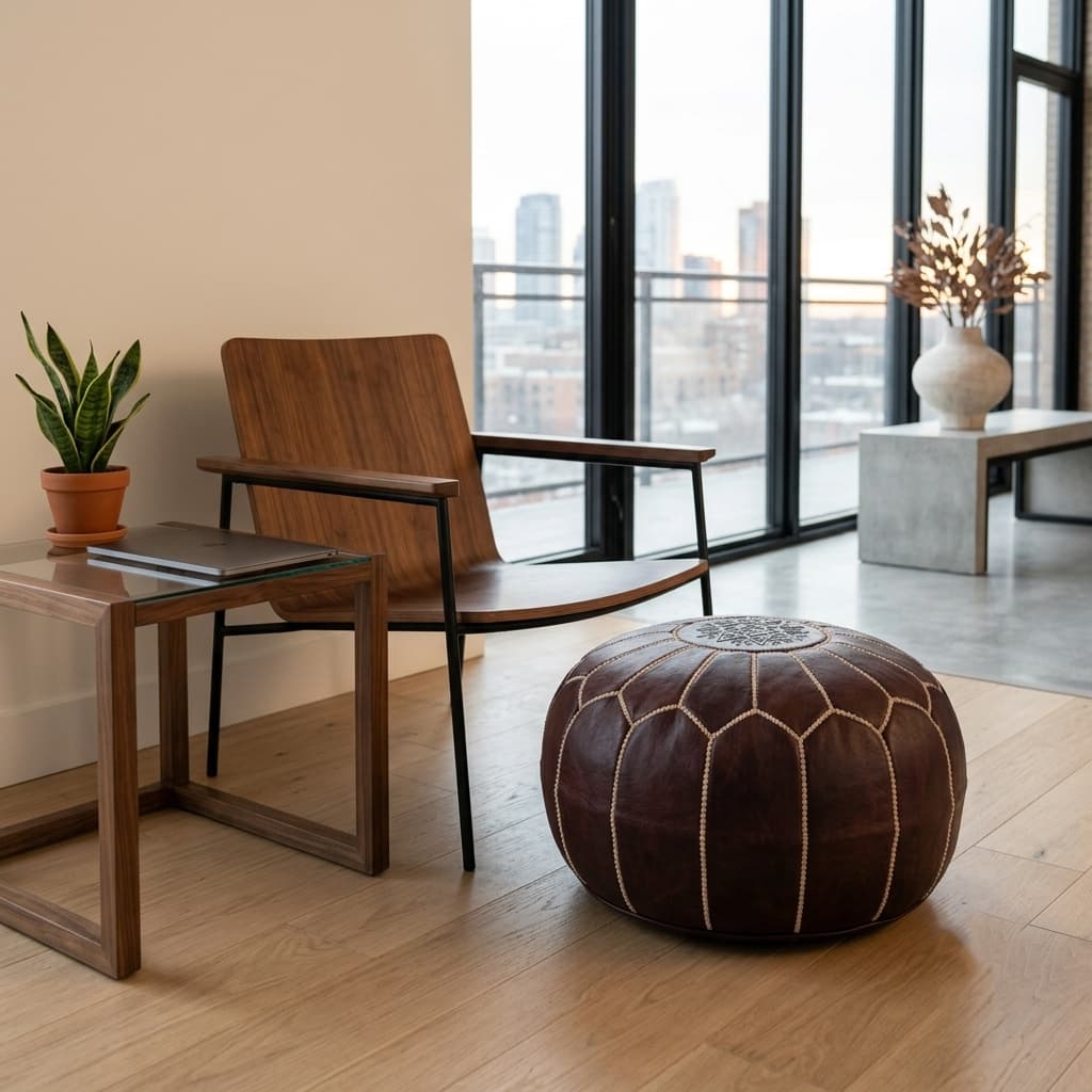 Dark brown Moroccan pouf beside a walnut mid-century lounge chair in an apartment with floor-to-ceiling windows