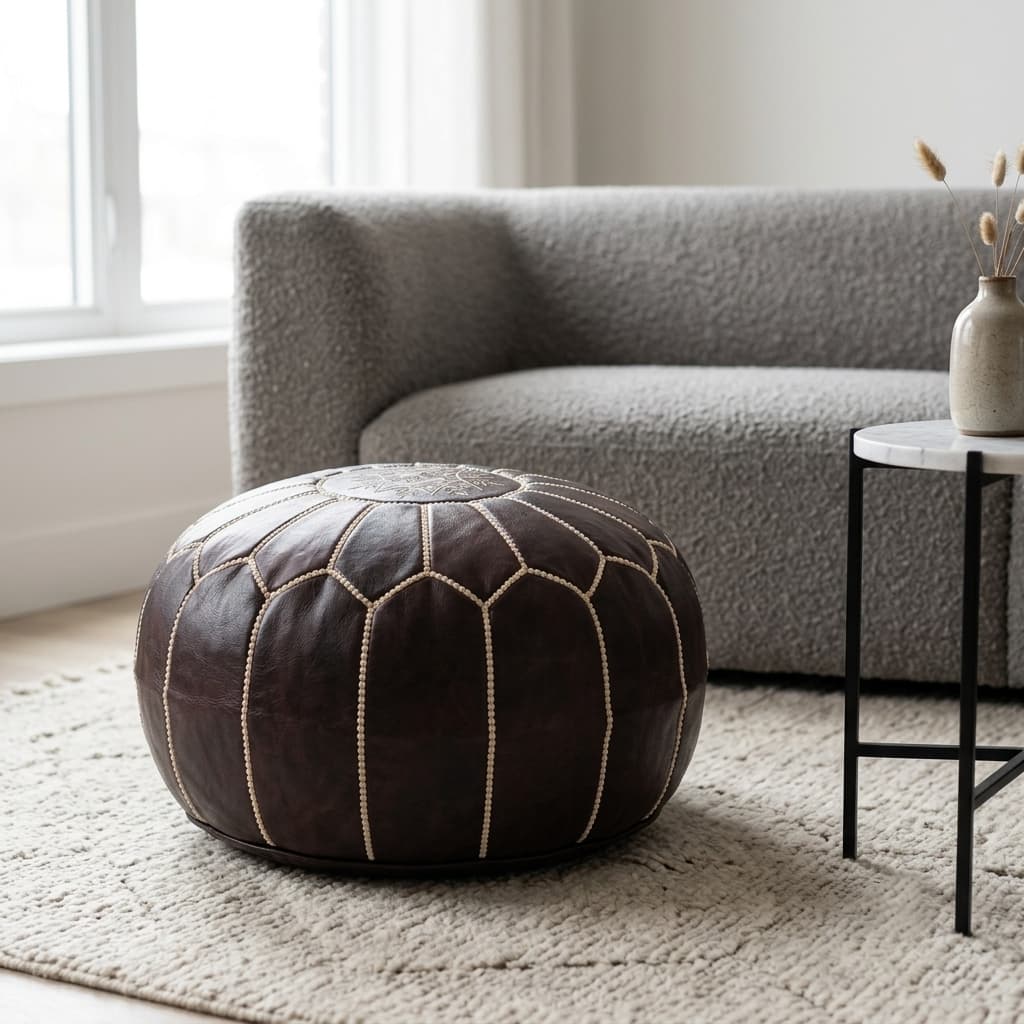 Dark brown Moroccan leather pouf on a textured cream rug in front of a grey boucle sofa
