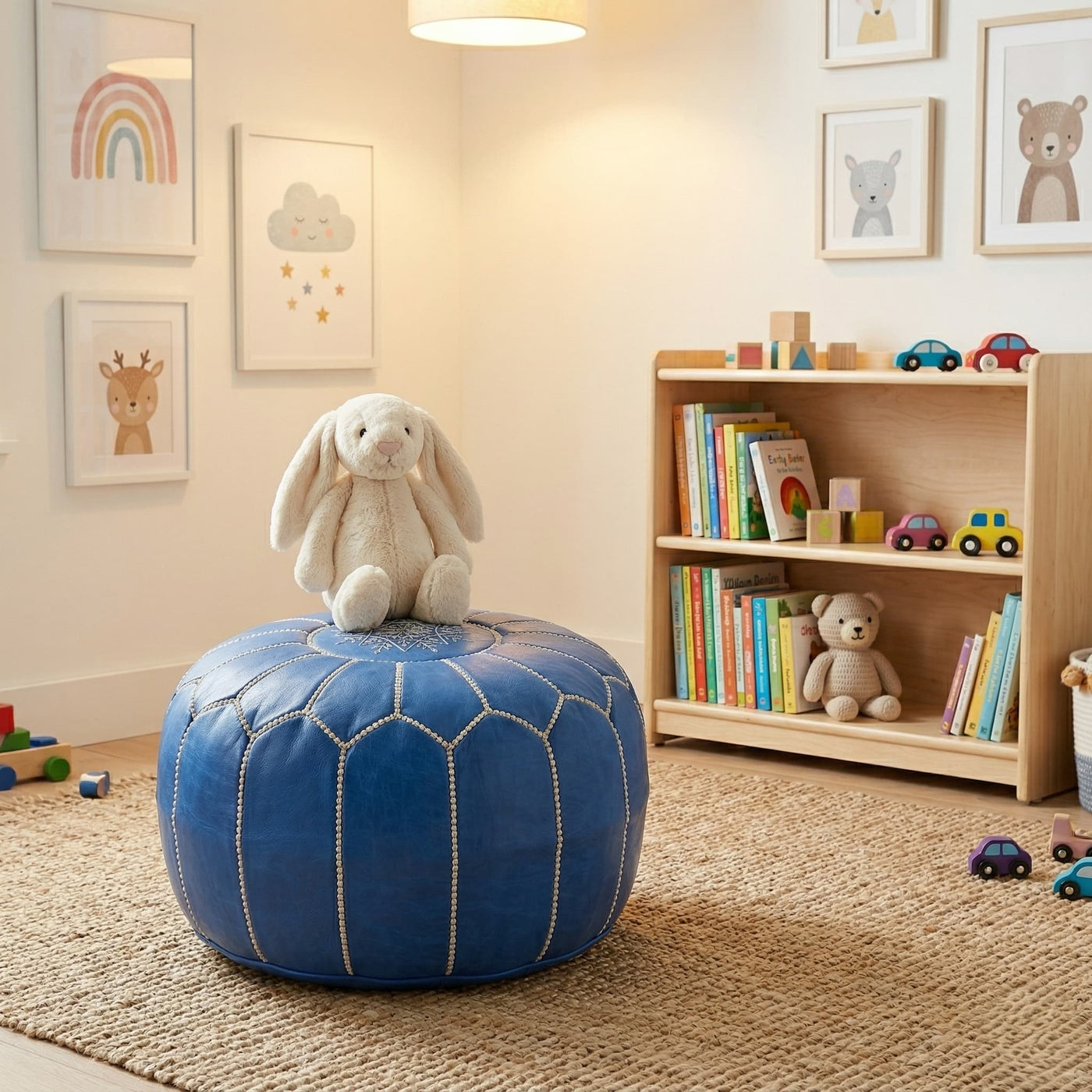 Denim blue leather pouf in a children's nursery with a soft toy resting on top