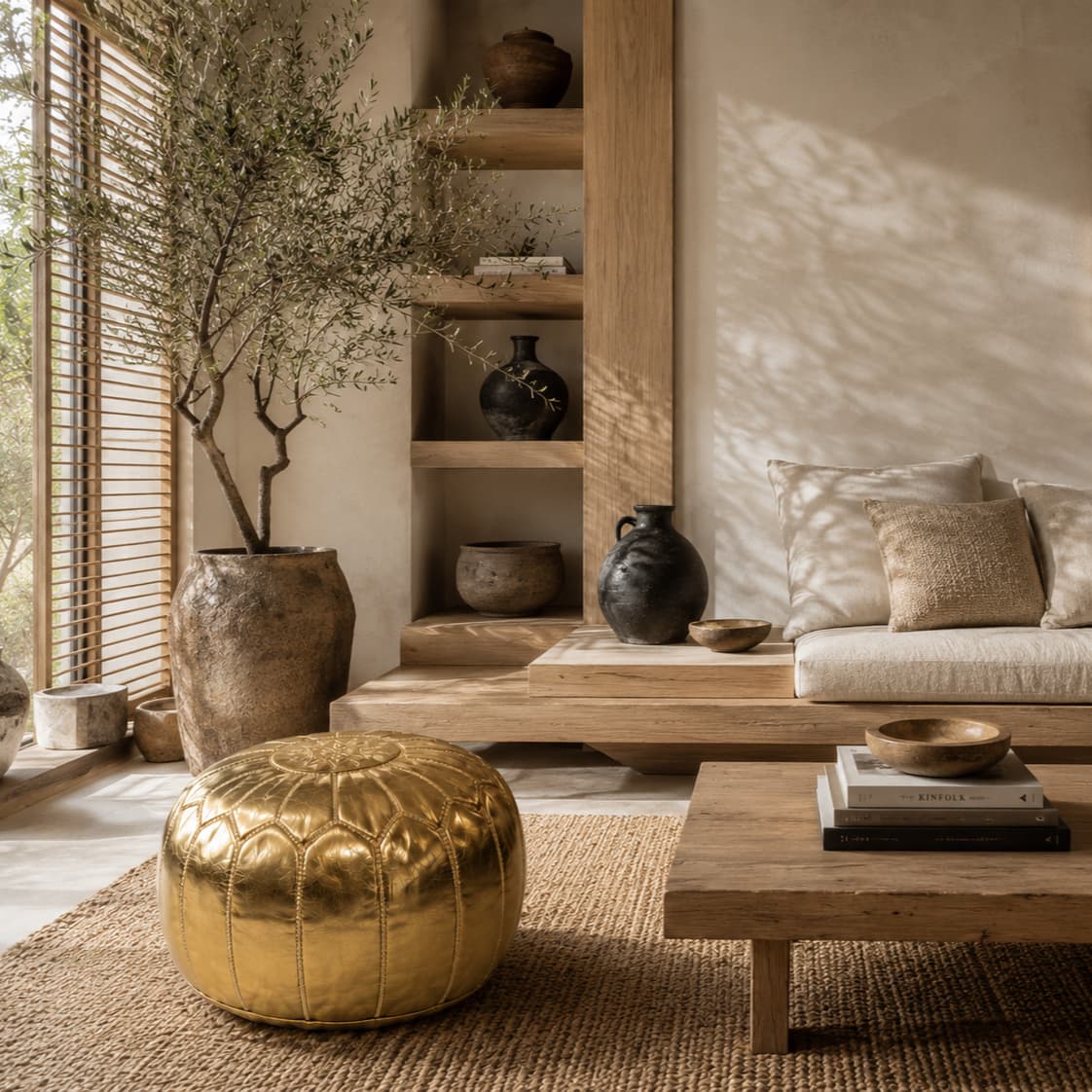 Gold leather round pouf in a japandi living room with pale wood, linen seating and a potted olive tree
