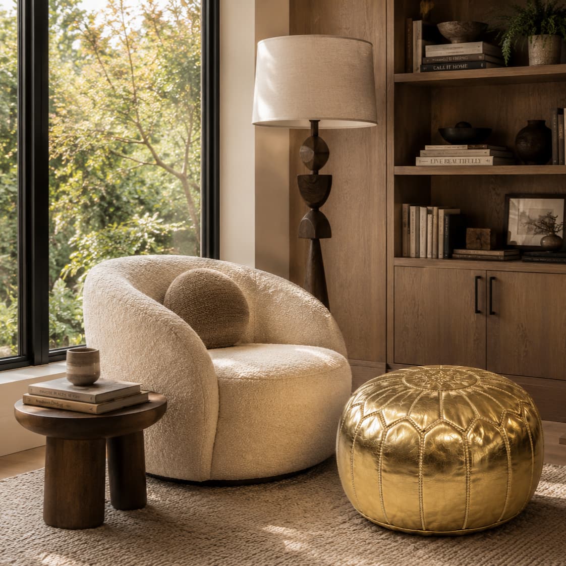 Gold Moroccan leather pouf in a warm reading nook with built-in shelving and a woven floor basket