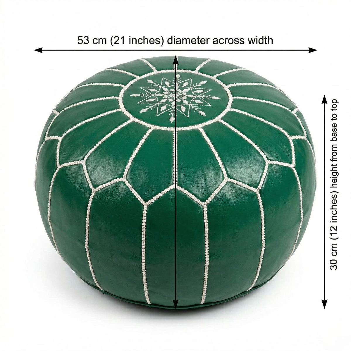 Dimension diagram of the green leather round pouf: 53 cm (21 inches) diameter across the width and 30 cm (12 inches) height from base to top