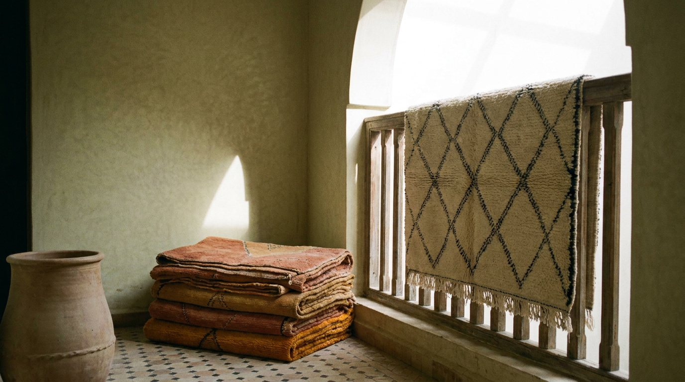 Handwoven Moroccan Berber rugs in a sunlit riad