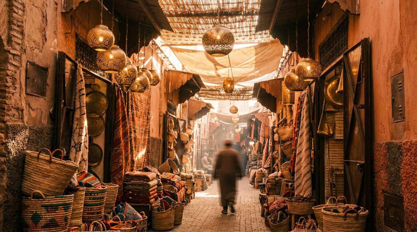 Moroccan souk alley with brass lanterns at golden hour