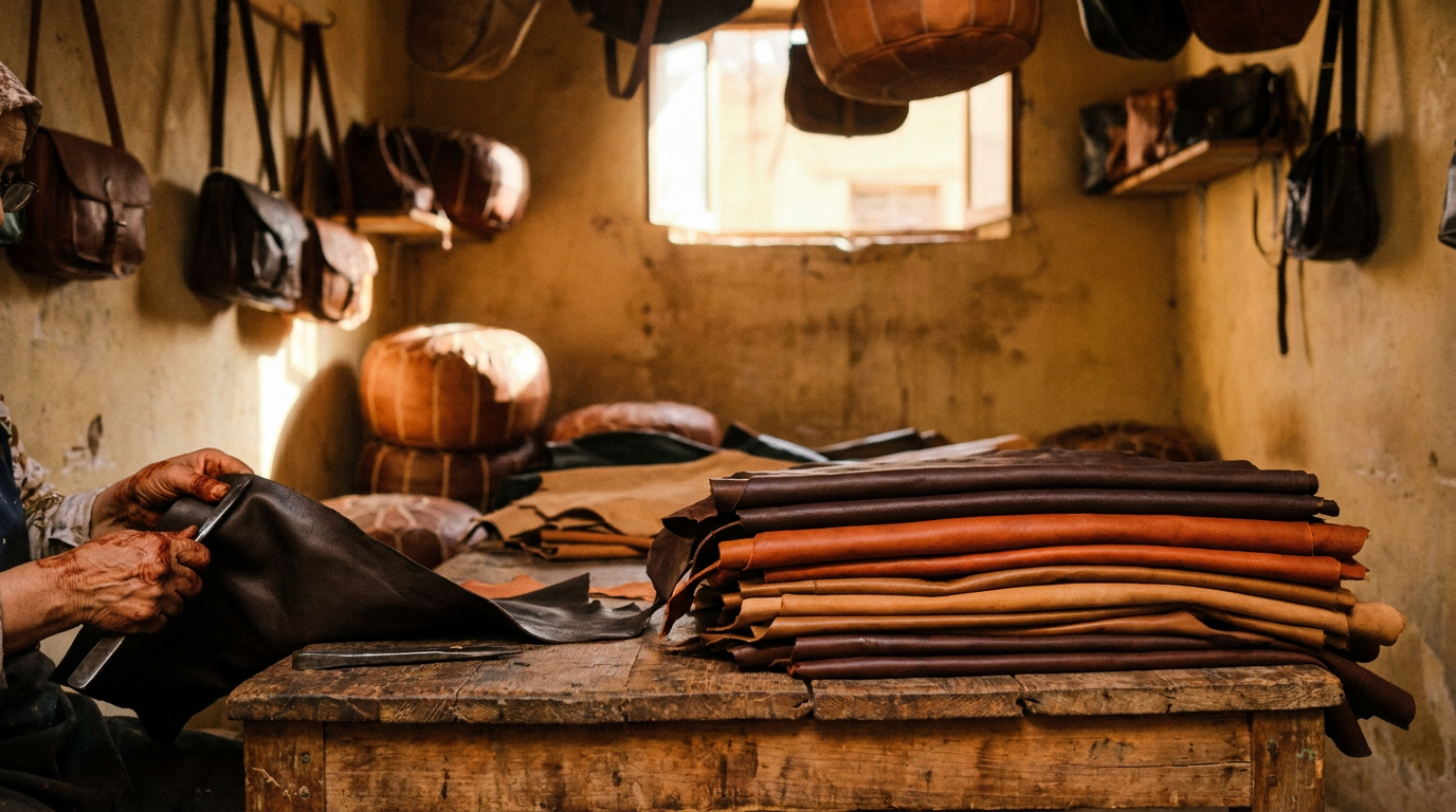 Moroccan leather workshop in Fes with stacks of hand-dyed leather