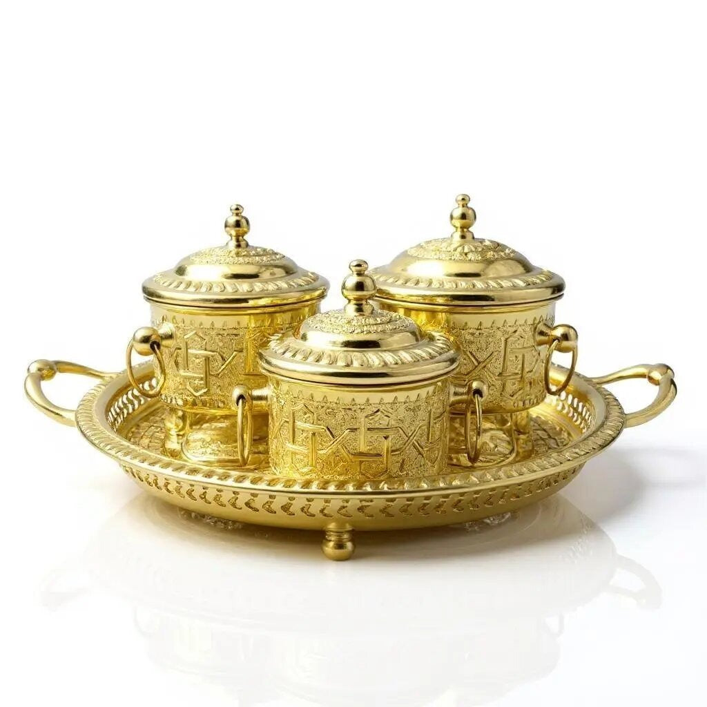 Hand-engraved brass sugar bowl set with tray, 4-piece