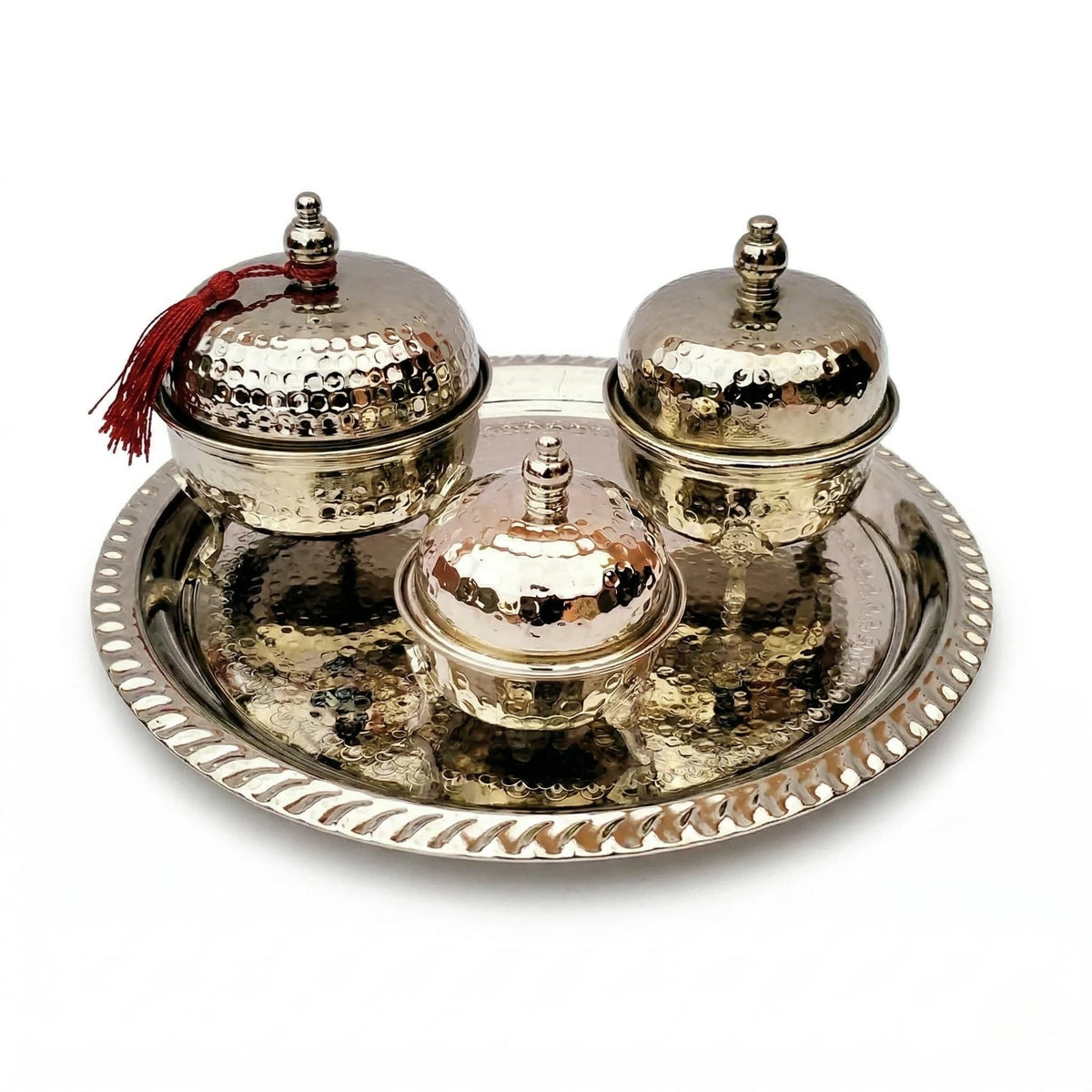 Hand-hammered silver-plated tea container service, 4-piece with ornate tray