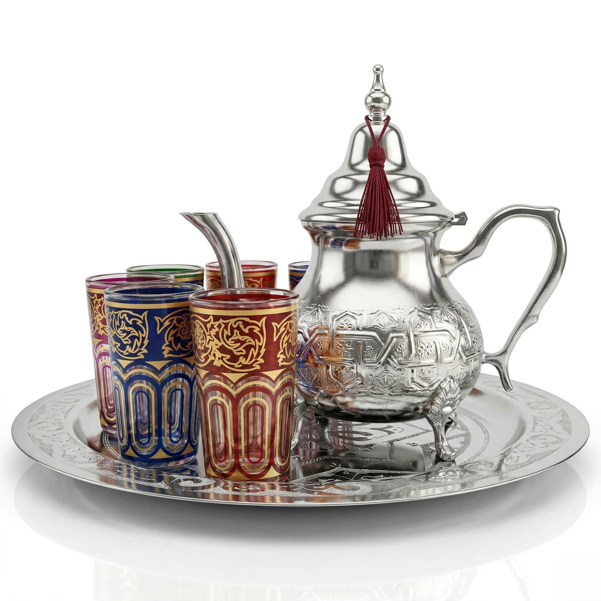 Embossed silver-plated Moroccan mint tea set, 8-piece with arch-panel glasses