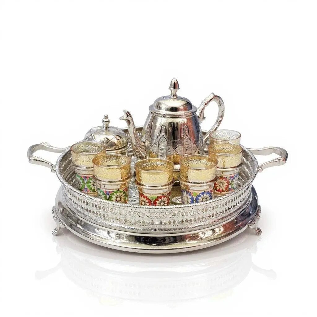 Large Moroccan tea set, 15-piece with engraved teapot and enamel glasses