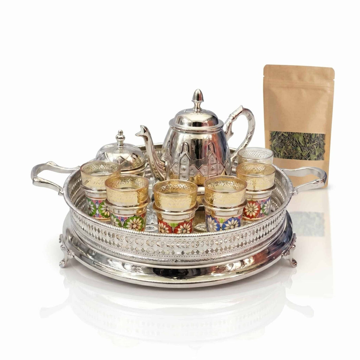 Large Moroccan tea set, 15-piece with engraved teapot and enamel glasses — image 2