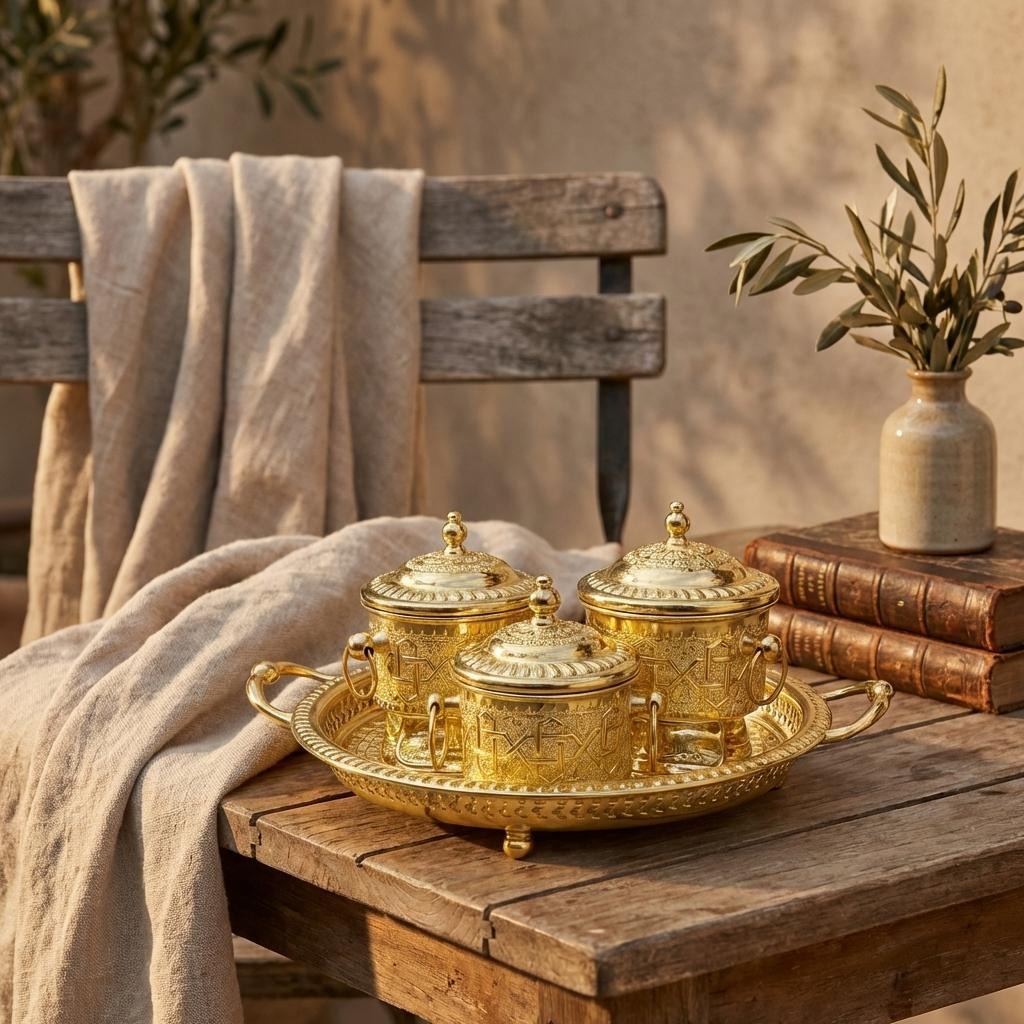 Hand-engraved brass sugar bowl set with tray, 4-piece — image 2