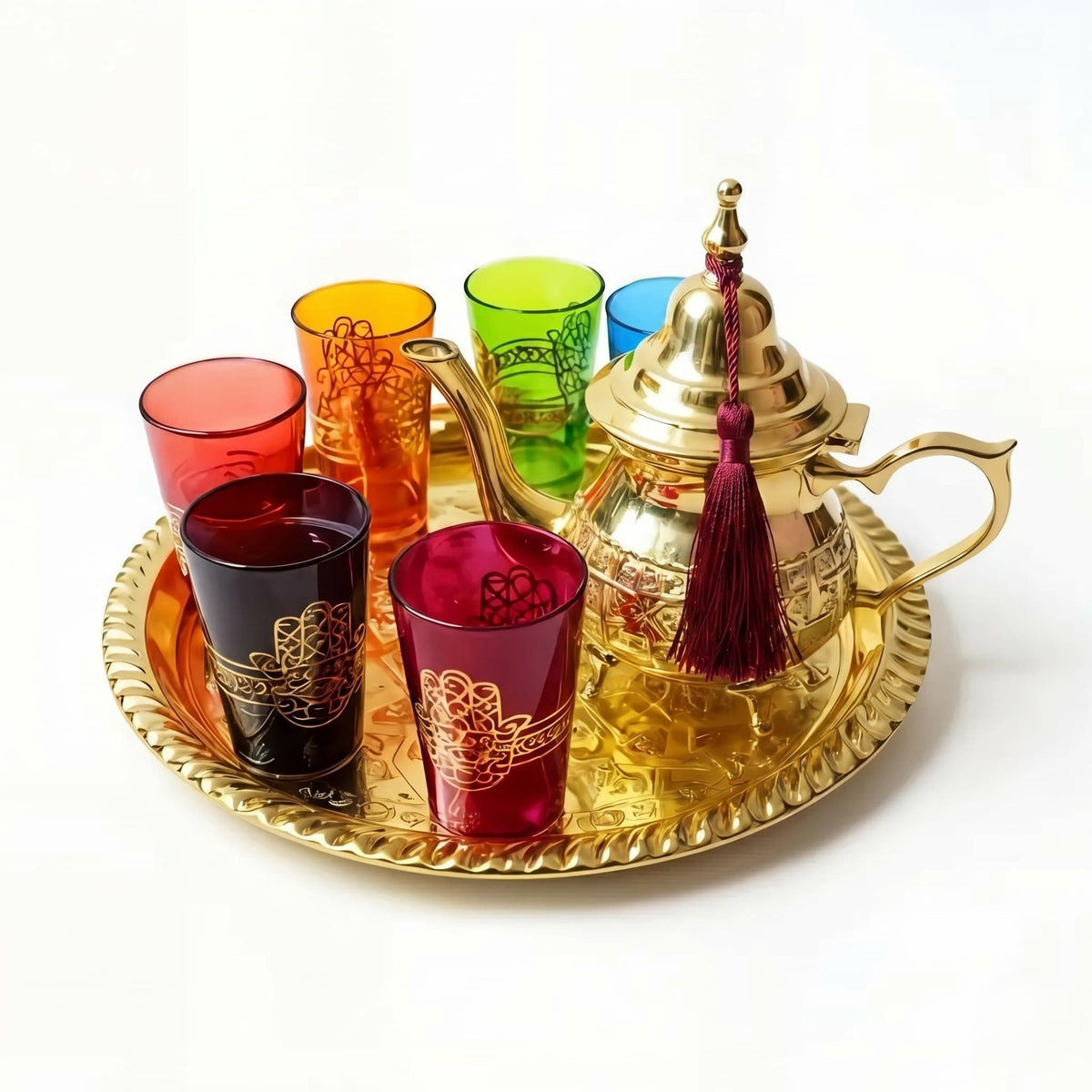 Gold brass hamsa Moroccan tea set, 8-piece with jewel-tone glasses