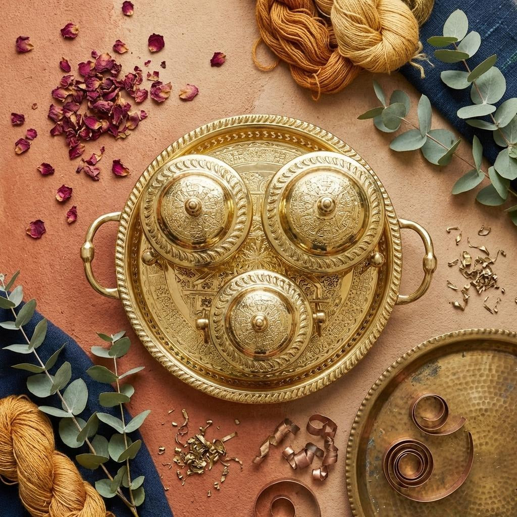 Hand-engraved brass sugar bowl set with tray, 4-piece — image 3
