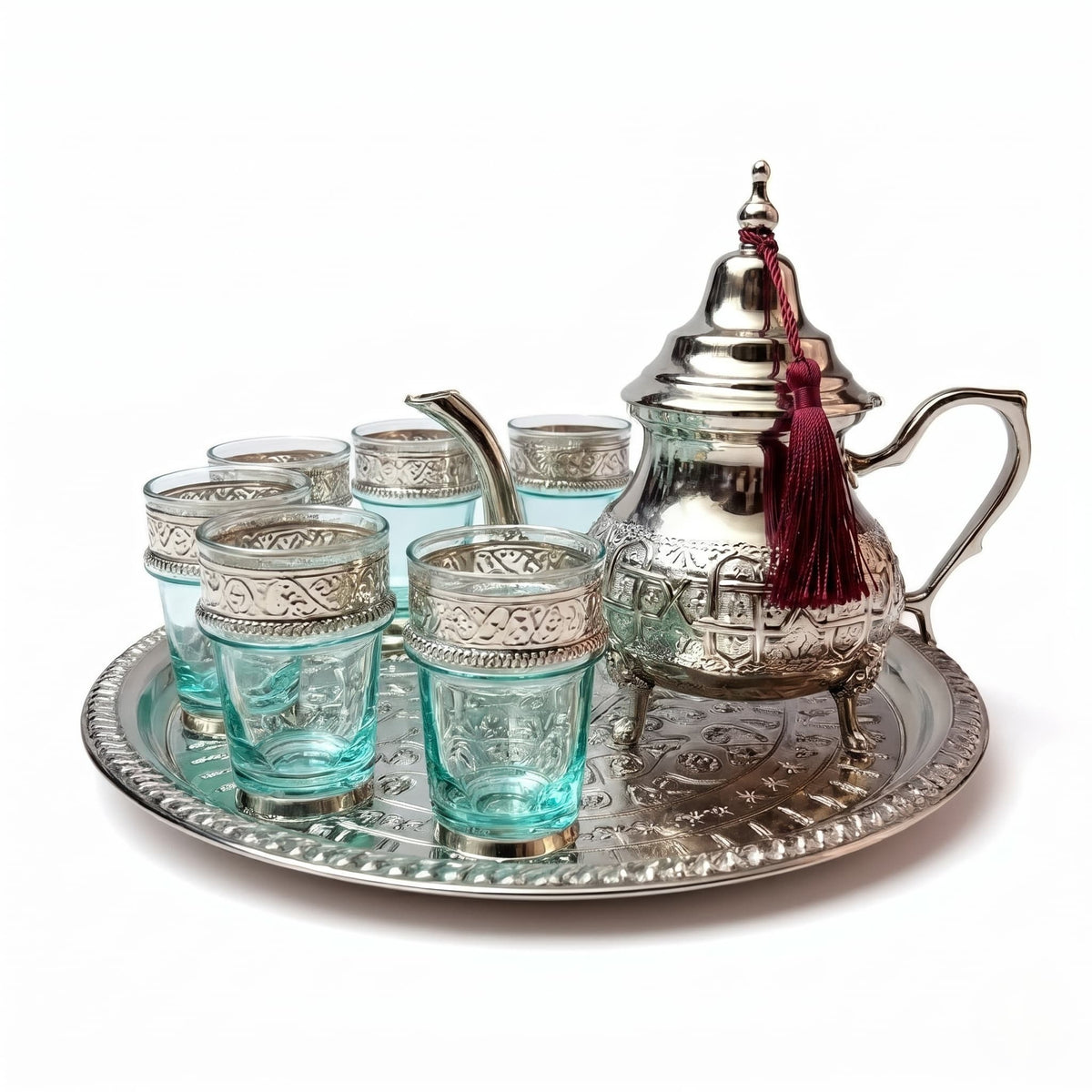 Silver-plated engraved beldi Moroccan tea set, 8-piece with footed teapot