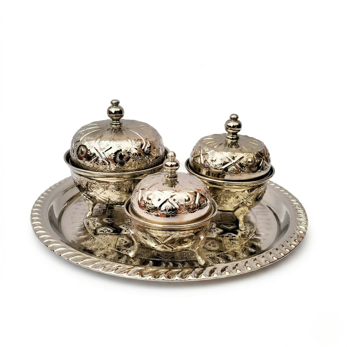 Hand-embossed silver-plated tea container set, 4-piece with footed bowls