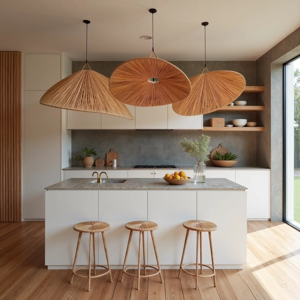 Wood veneer pendant light 22 inch, lit in a room