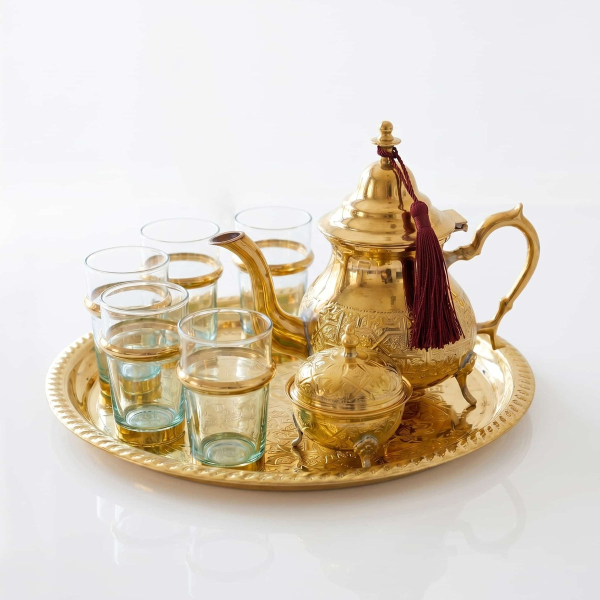 Brass Moroccan tea set, 9-piece with sugar bowl and aqua glasses