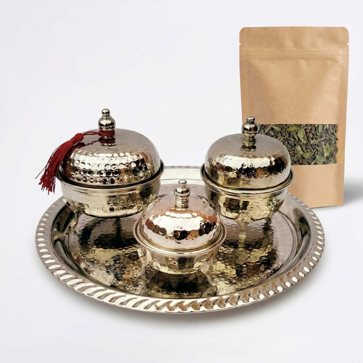 Hand-hammered silver-plated tea container service, 4-piece with ornate tray — image 3