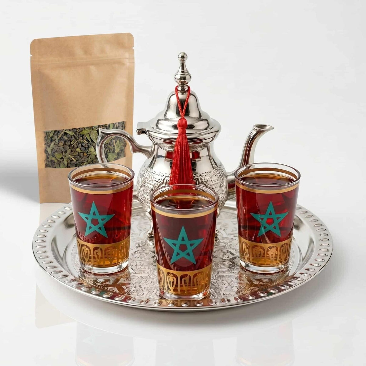 Small silver-plated Moroccan tea set for three, 5-piece with star glasses — image 2
