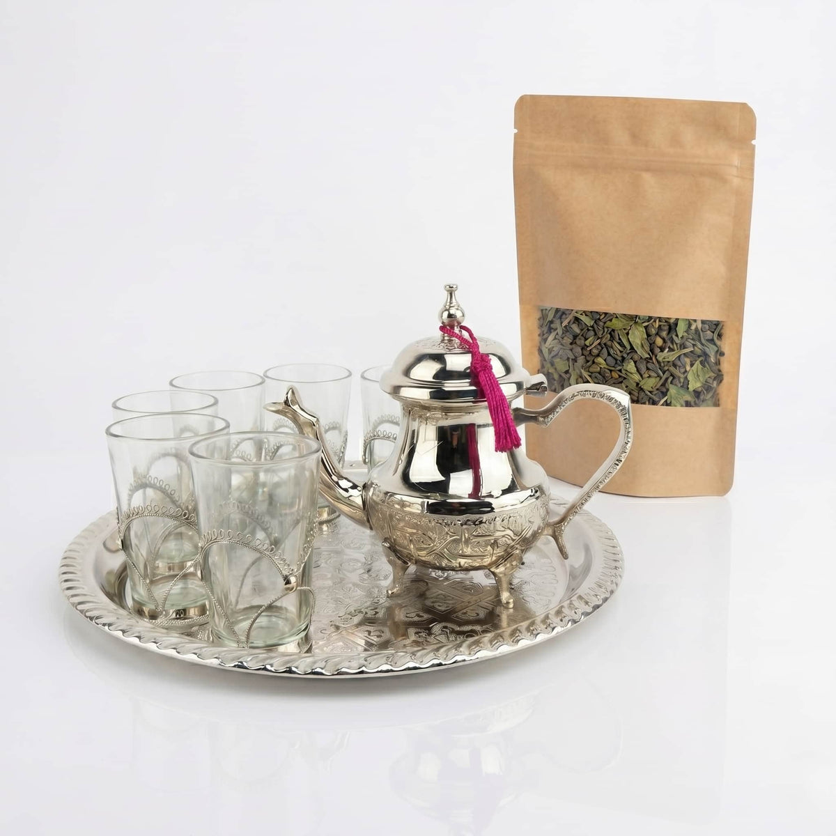 Silver-plated Moroccan tea gift set, 8-piece filigree service for six — image 2