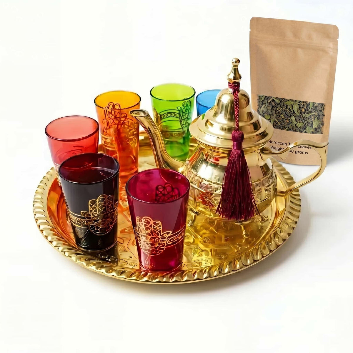 Gold brass hamsa Moroccan tea set, 8-piece with jewel-tone glasses — image 2