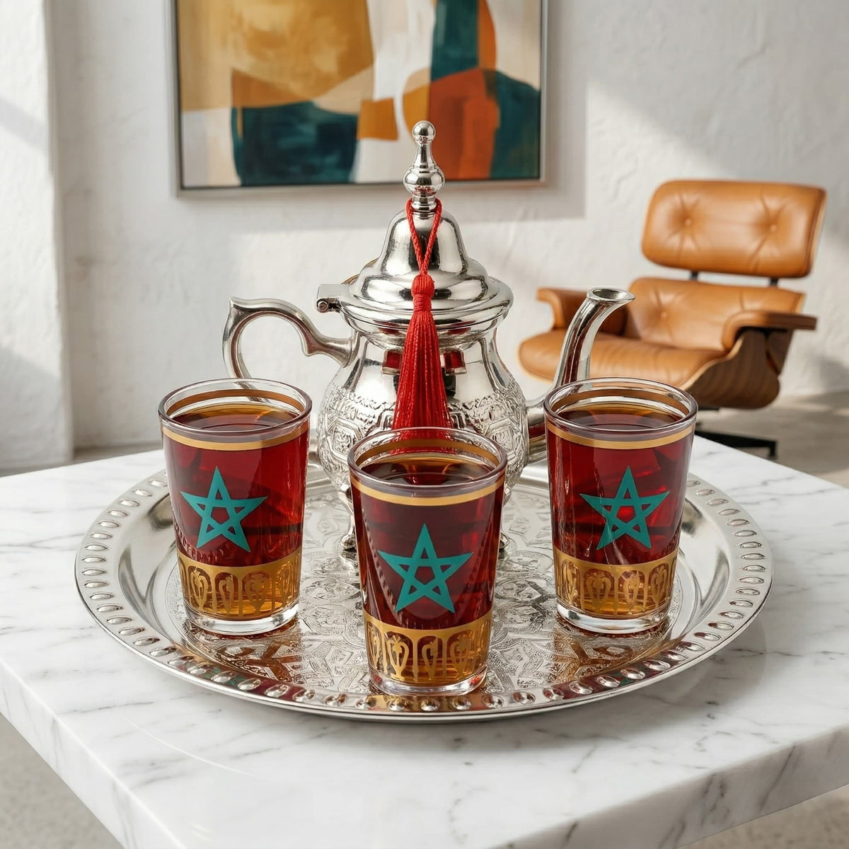 Small silver-plated Moroccan tea set for three, 5-piece with star glasses — image 3