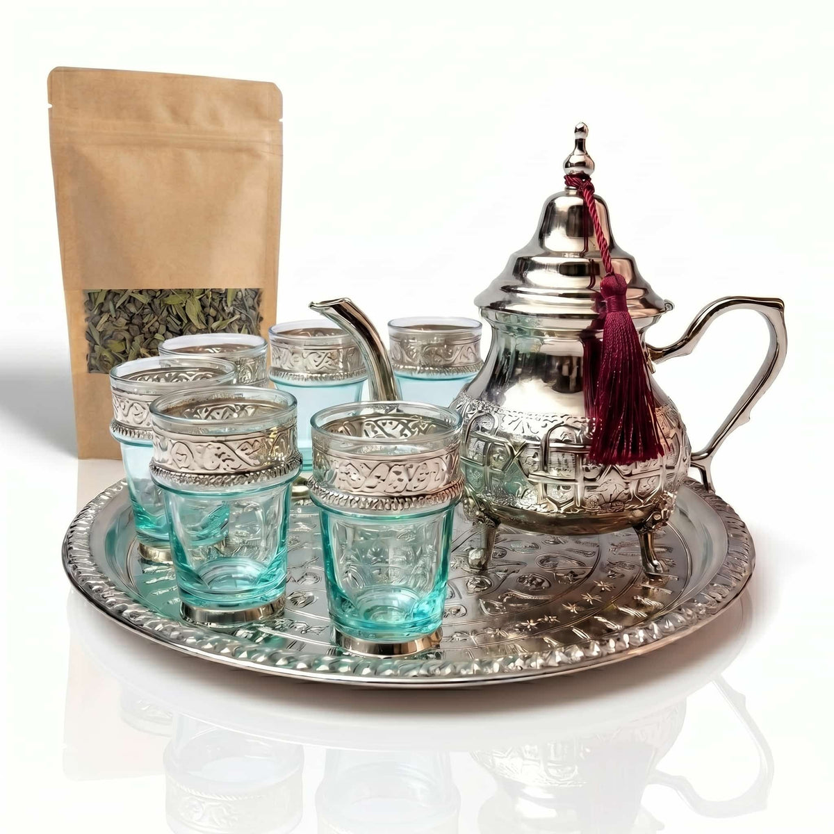 Silver-plated engraved beldi Moroccan tea set, 8-piece with footed teapot — image 2
