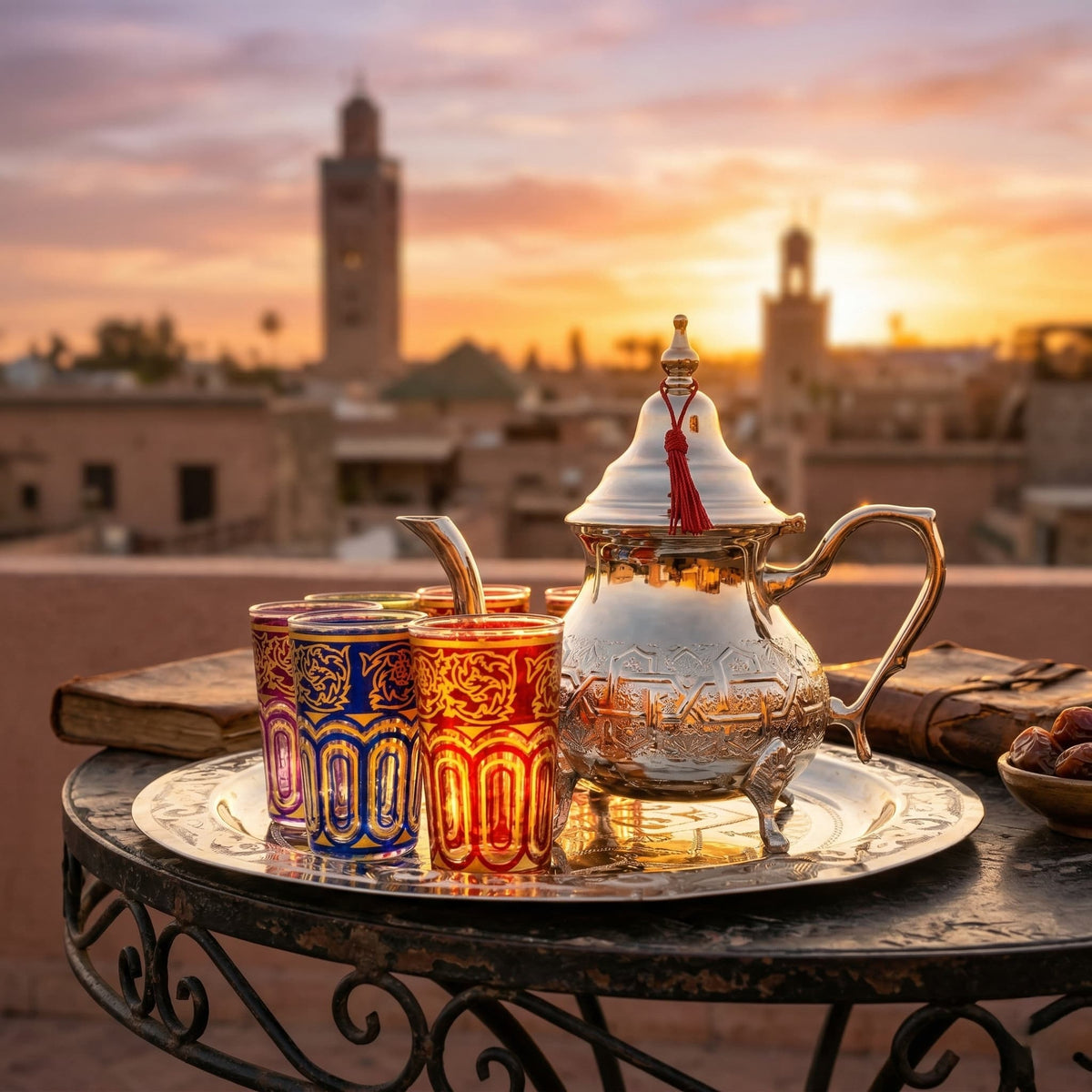 Embossed silver-plated Moroccan mint tea set, 8-piece with arch-panel glasses — image 3