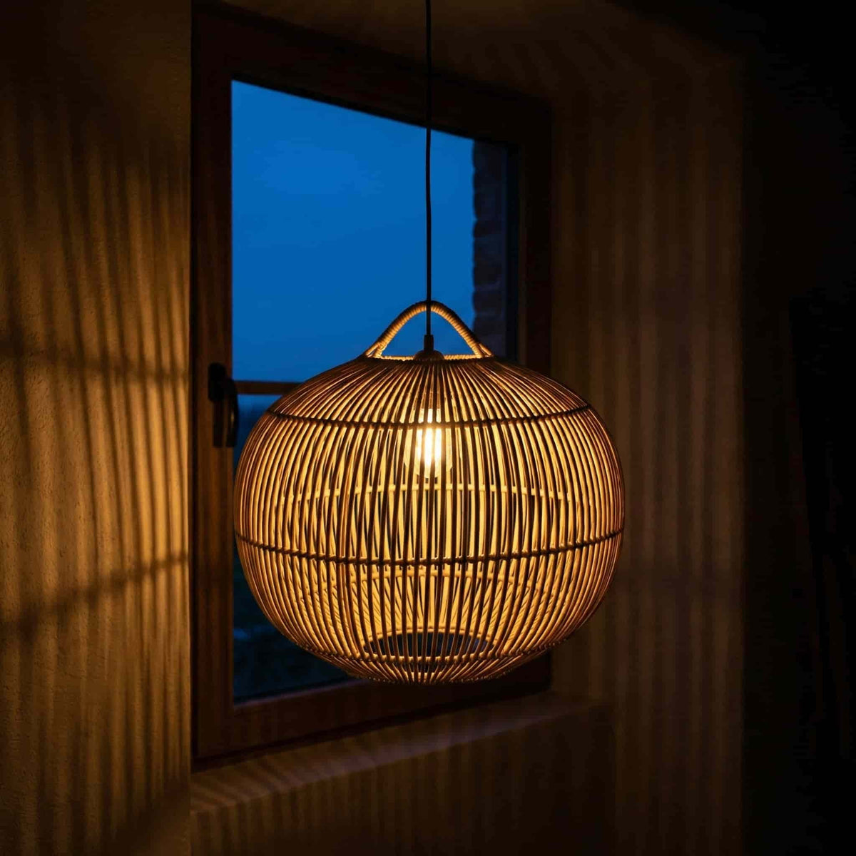 Handwoven rattan globe pendant light shade, weave detail