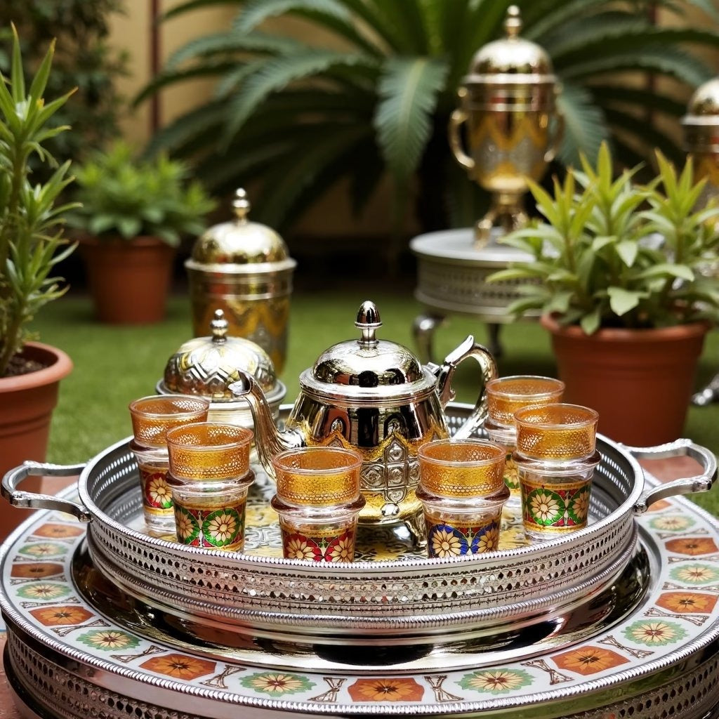 Large Moroccan tea set, 15-piece with engraved teapot and enamel glasses — image 5