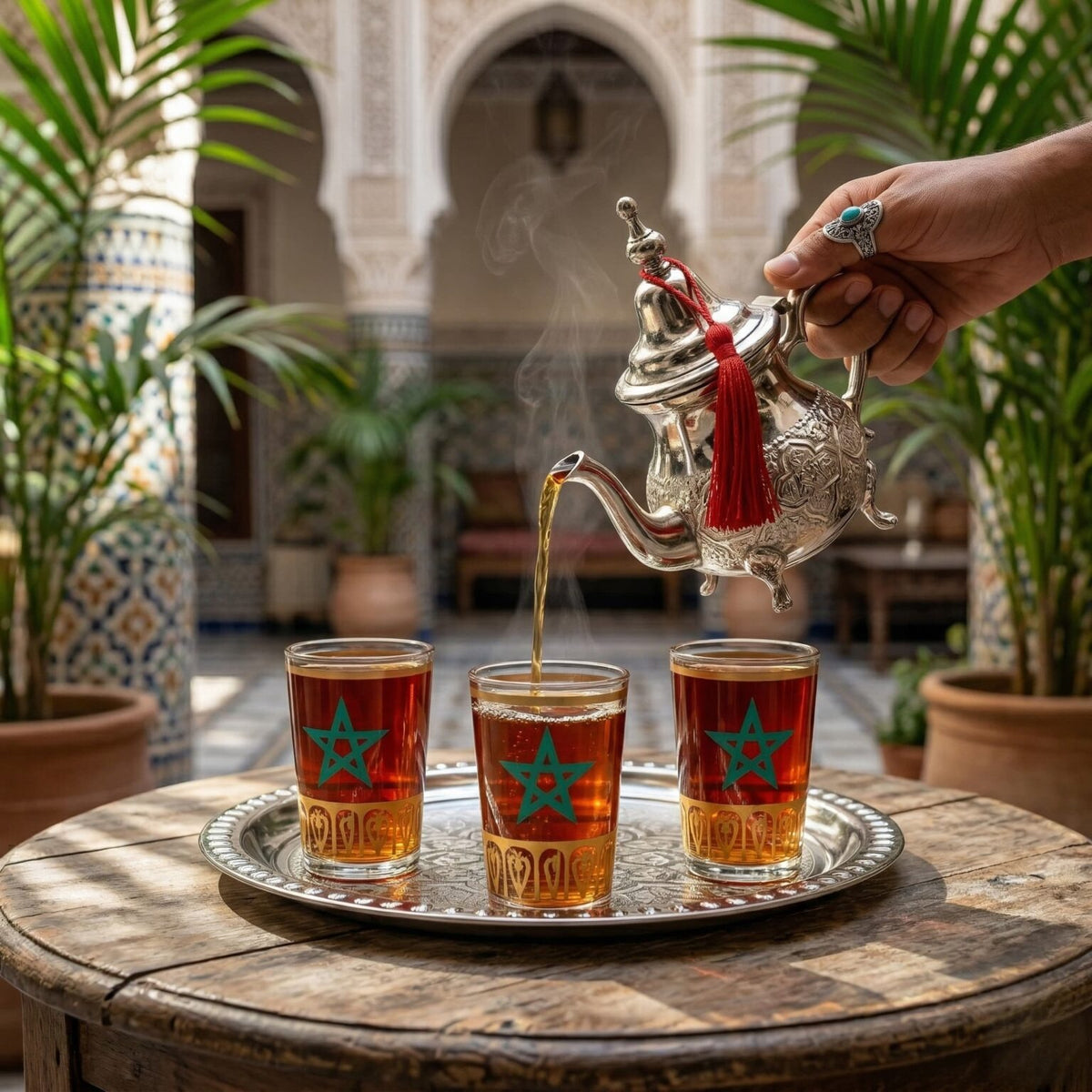 Small silver-plated Moroccan tea set for three, 5-piece with star glasses — image 4