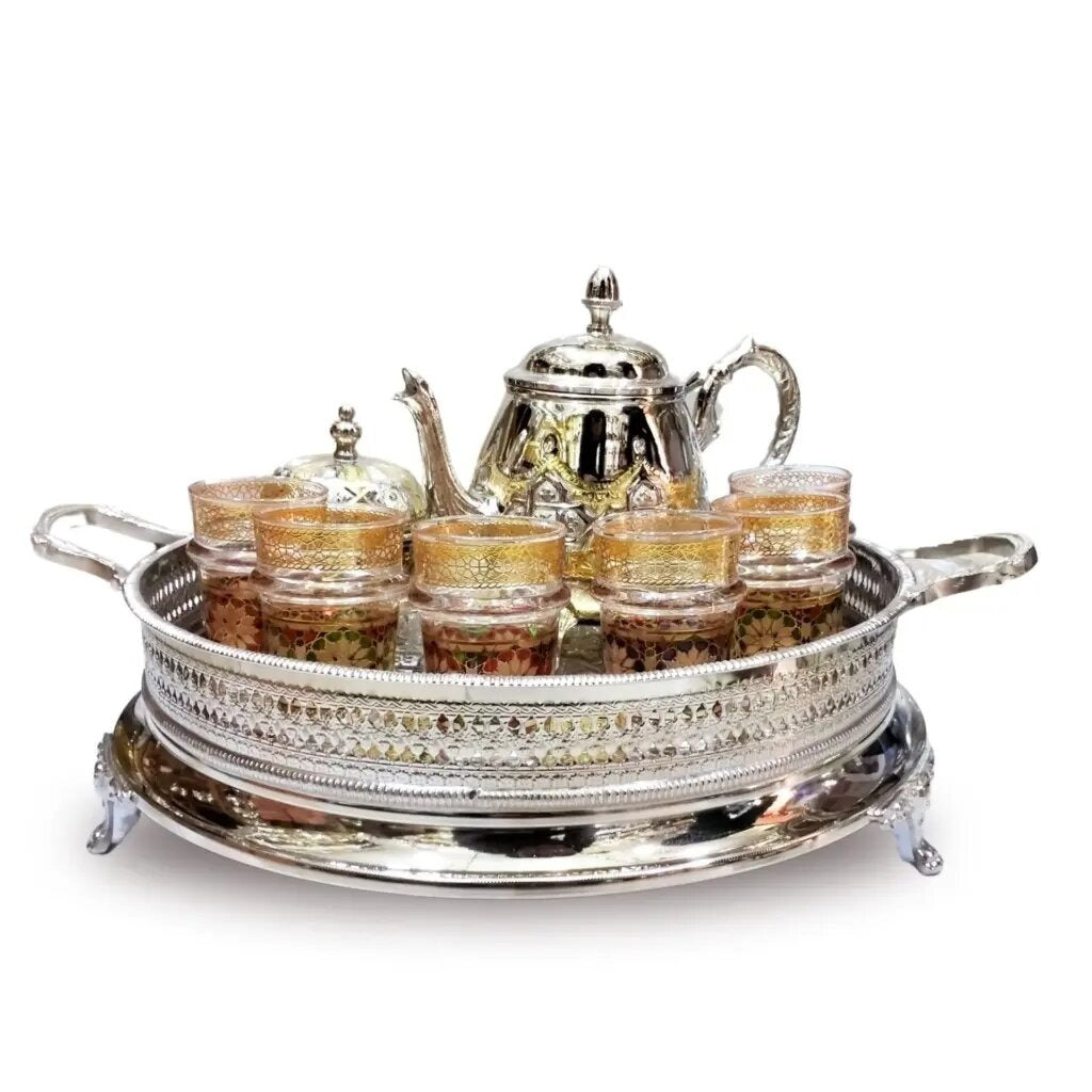 Large Moroccan tea set, 15-piece with engraved teapot and enamel glasses — image 6