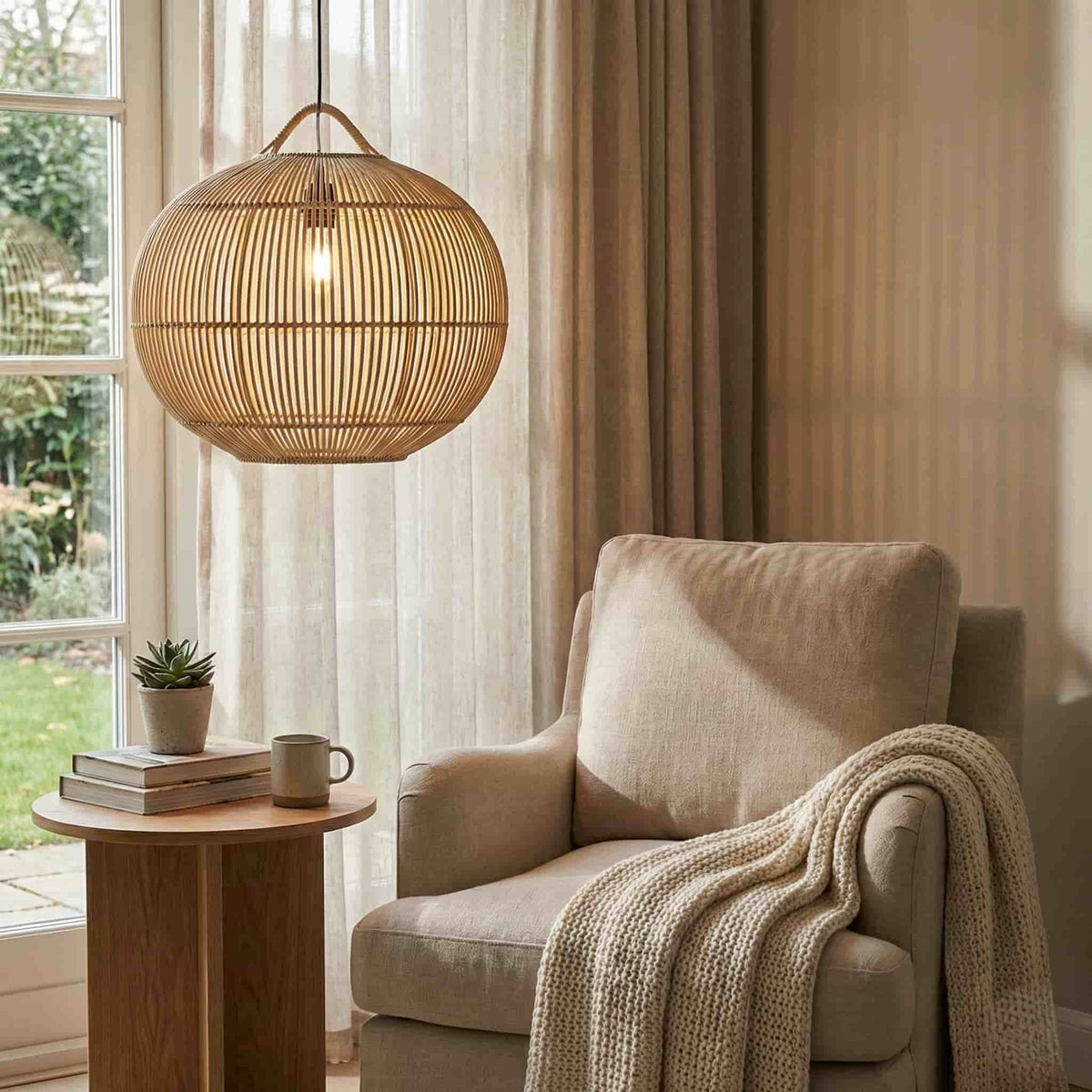 Handwoven rattan globe pendant light shade, lit in a room
