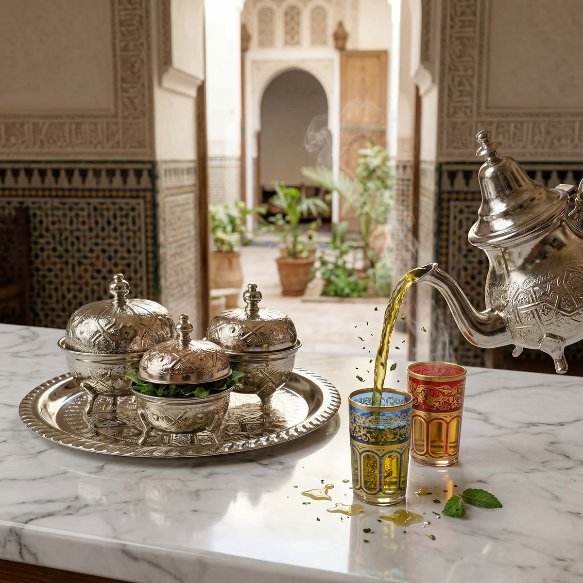 Hand-embossed silver-plated tea container set, 4-piece with footed bowls — image 3