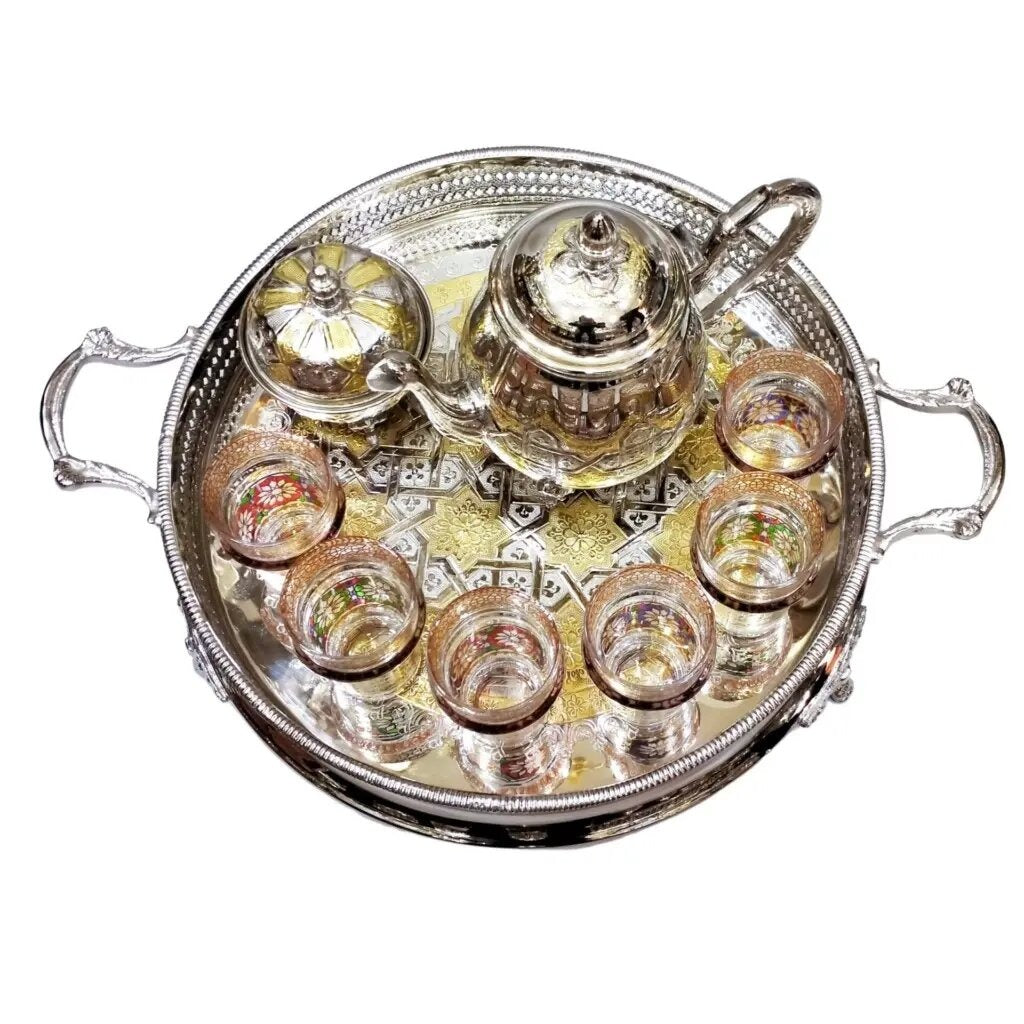 Large Moroccan tea set, 15-piece with engraved teapot and enamel glasses — image 7