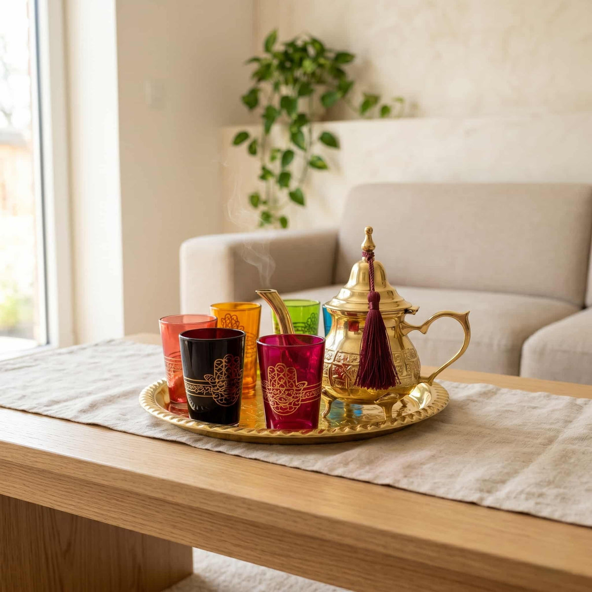 Gold brass hamsa Moroccan tea set, 8-piece with jewel-tone glasses — image 4