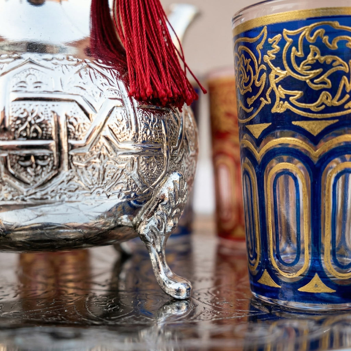Embossed silver-plated Moroccan mint tea set, 8-piece with arch-panel glasses — image 6