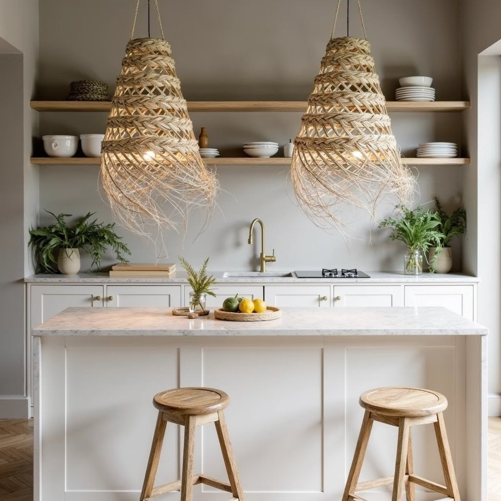 Handwoven straw pendant light 17 inch, weave close-up