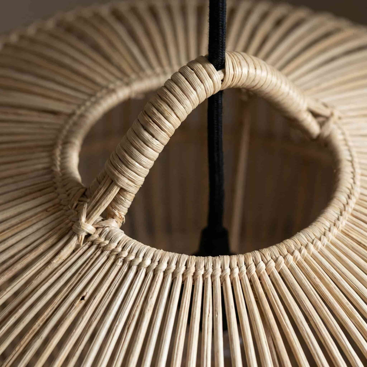 Handwoven rattan globe pendant light shade, installed view