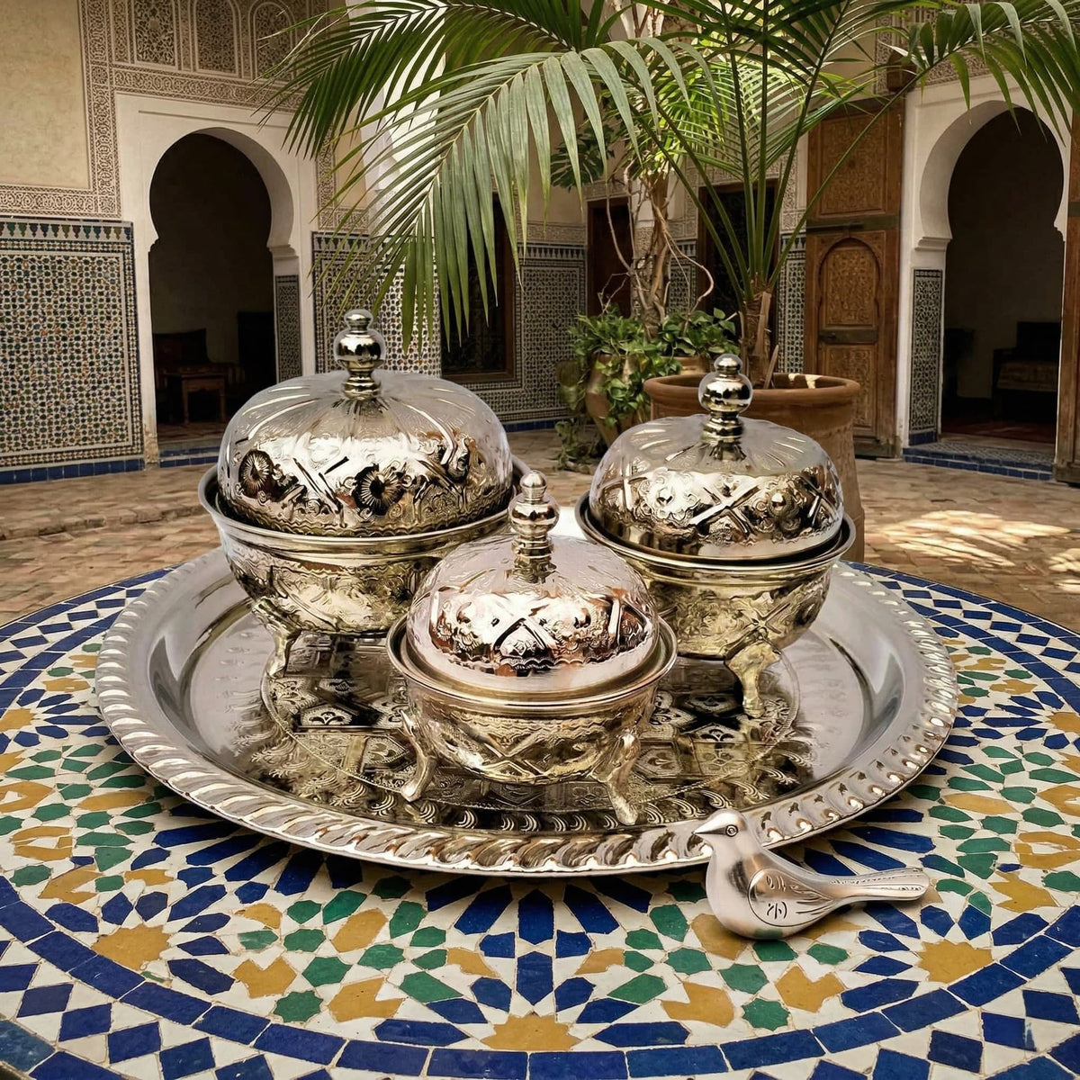 Hand-embossed silver-plated tea container set, 4-piece with footed bowls — image 5