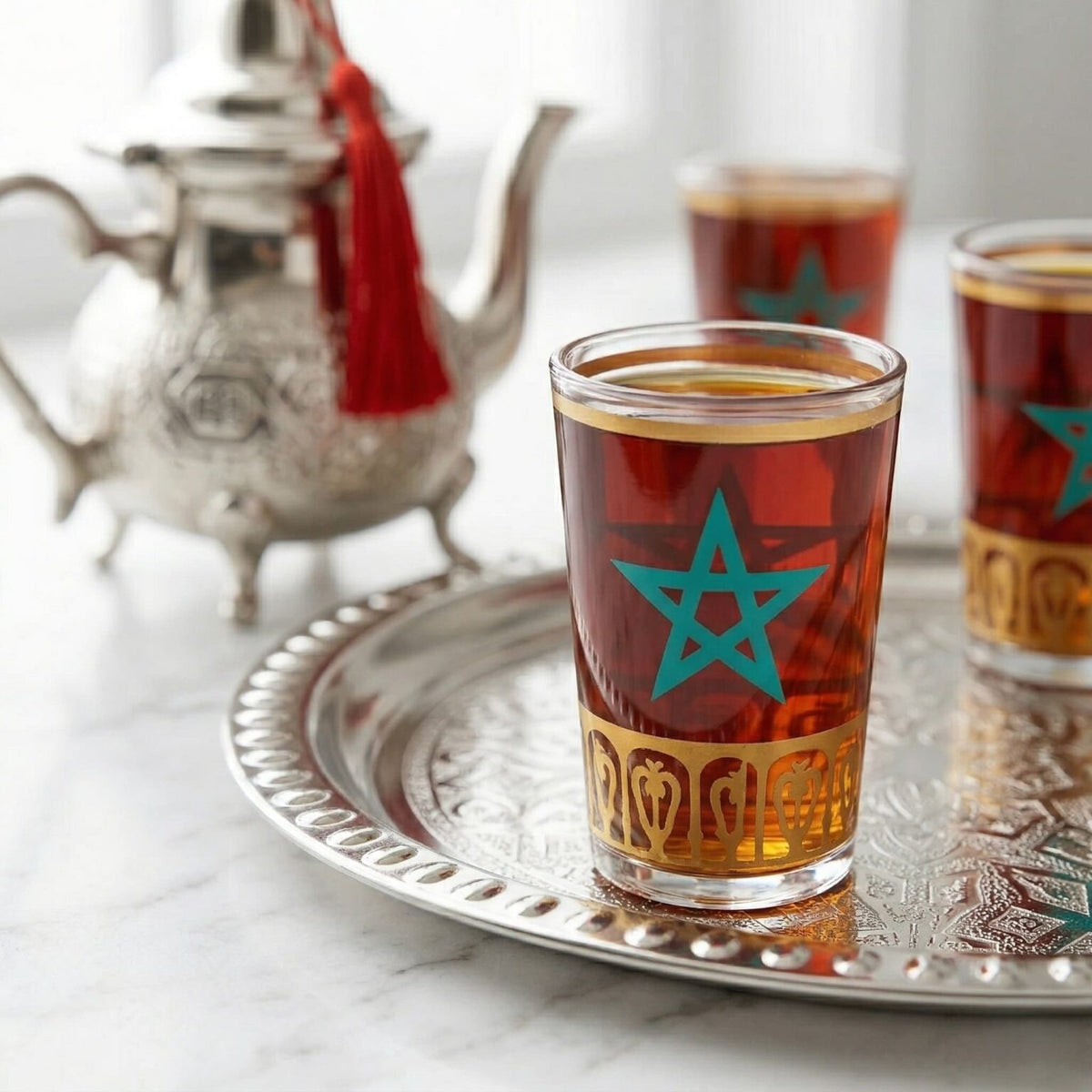Small silver-plated Moroccan tea set for three, 5-piece with star glasses — image 6