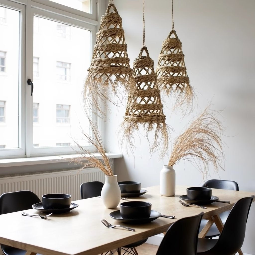 Handwoven straw pendant light 17 inch, from below