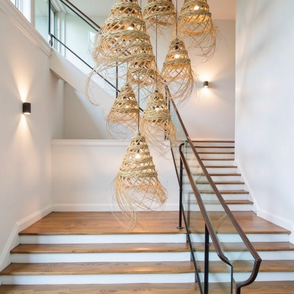 Handwoven straw pendant light 17 inch, installed view